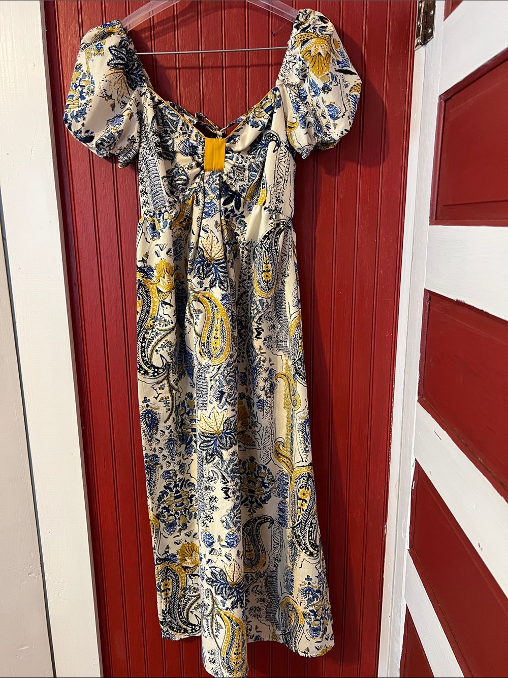 Paisley Puff-Sleeve Midi Dress in Cream, Blue & Yellow S